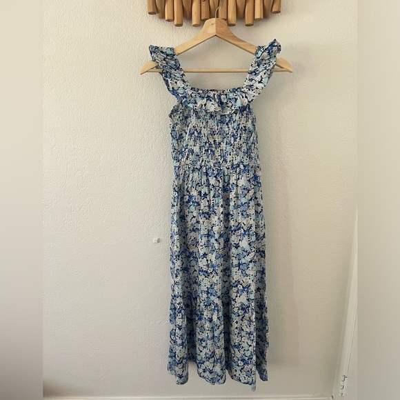 GAP Ruffle Neck Midi Dress Blue Floral Smocked Small Shirred Ruffle - Picture 4 of 14